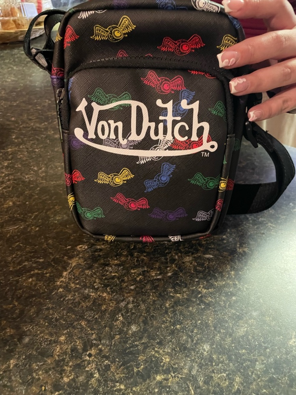 Von Dutch Black Crossbody Bag with Multicolor Wing Logos